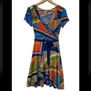 Yetts los angeles vibra abtract paisley blue red soft stretch dress size M